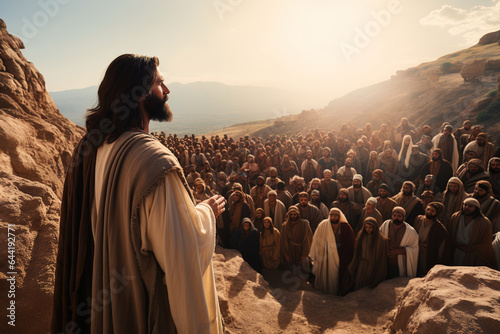Jesus Christ's Sermon on the Mount. Jesus is on a mountain preaching to a large crowd of people. AI generation