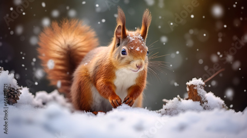 Closeup of a cute squirrel in the snow. Winter wild life.