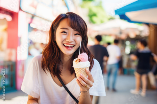 Smiling young Japanese woman with ice cream having fun in amusement park Prater in Vienna at her holiday in Europe