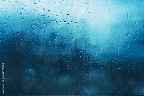 Close up image of an icy blue wet glass window, water drops, the rain on the window glass.