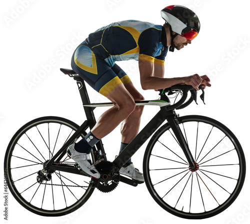 Triathlon male athlete cycle training isolated on transparent background. Practicing in cycling wearing sports equipment. Concept of healthy lifestyle, sport, action, motion, hobby, health