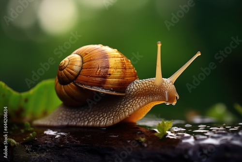 Macro shot of a snail on the grass after the rain