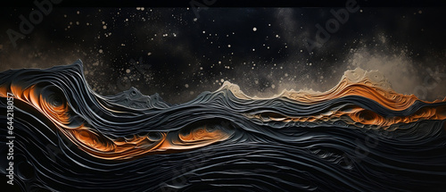 Gorąca lawa- obraz abstrakcyjny na czarnym płótnie malowany piaskiem