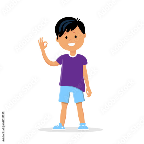 Ok cheerful boy in shorts and purple t-shirt waving his hand. Little schoolboy character. Vector illustration isolated on white background