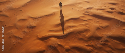Człowiek na pustyni. Beżowe tło. Wydmy i piasek. 