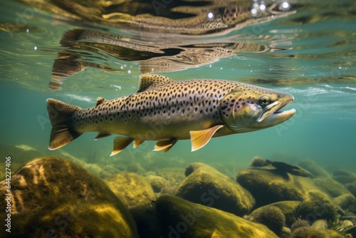 a rainbow trout swimming underwater in a mountain river