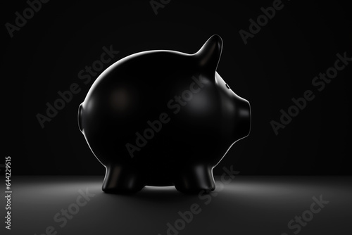 Backlit black piggy bank on dark background. Illustration of the concept of financial investment, bank account savings and economy
