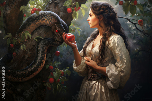 Eve in paradise with the forbidden fruit in her hand and to be tempted by Satan in the form of a serpent Generative AI Illustration