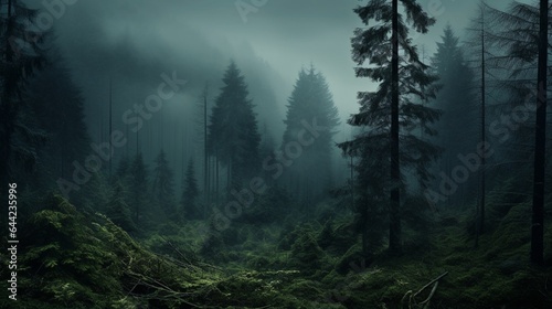 Design a high-resolution image of a dense and mysterious fog-covered forest