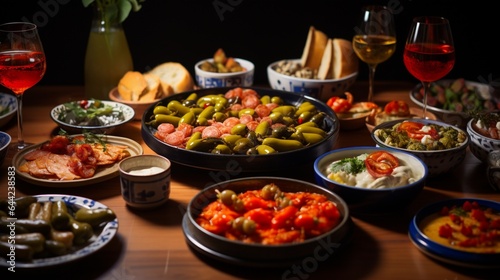 a tapas spread, with an assortment of small plates, Spanish olives, and glasses of sangria