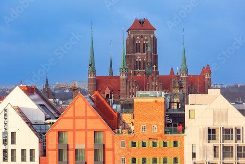 Towers of the old church of the Virgin Mary at dawn, Gdansk, Poland
