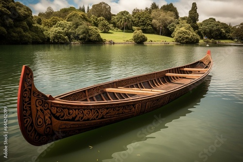 Traditional New Zealand Maori waka boat canoe. Generative AI