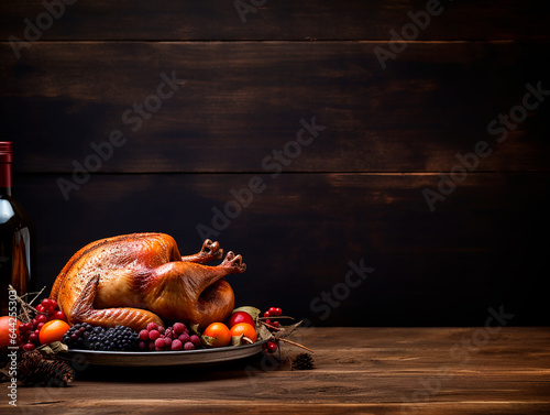 thanksgiving turkey on rustic wooden table with copy space