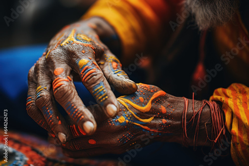 A close-up of a person's hand intricately painting traditional Aboriginal art in Australia, conveying stories and connections to the land. Generative Ai.