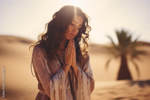 Expressive shot: a standing female aged 30 praying in the desert