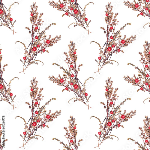 Seamless pattern watercolor dried wild flower wormwood with red berries on white background. Hand-drawn brown branch herb for decor. Botanical antique illustration for wallpaper or wrapping