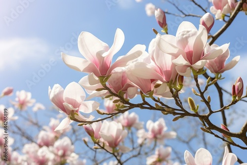 Blooming yulan magnolia flowers on a sunny spring day, showcasing the awakening of nature. Generative AI