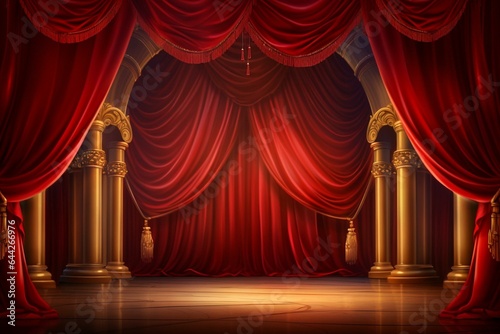 Red curtains, golden walls, crimson velvet carpet in between. Theater scene. Generative AI