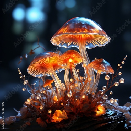3D mushrooms under the light with bright