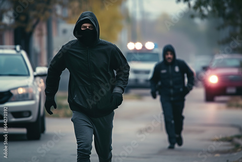 Thief running down the street with police officer chasing. Unrecognizable person in black hoodie and mask running away from police.
