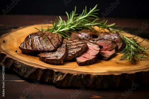 Grilled venison slices presented on a wooden board with room for text. Generative AI