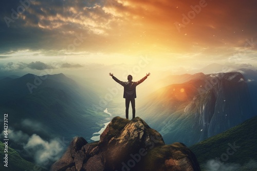 A person standing on a mountain, arms spread wide, gazing at a vast landscape representing freedom and new beginnings. Generative AI