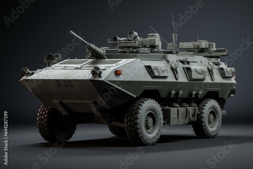 3D model of a gray Stryker armored vehicle, used by the US military for landmine and ambush defense. Generative AI