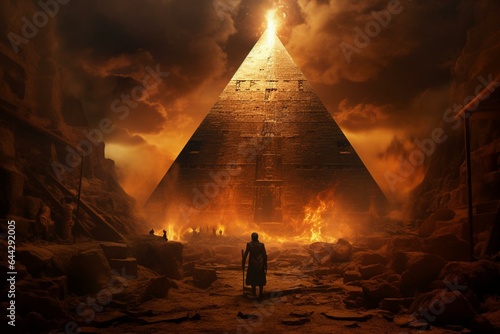 Old crypt in pyramid tomb with hilltop fire. Generative AI