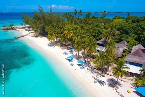Bird's-eye-view of stunning tropical beach on Saona Island, Dominican Republic. Perfect vacation destination. Wide landscape format. Generative AI