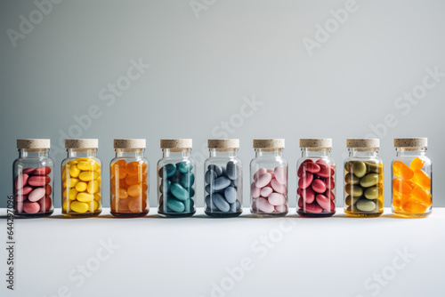 photograph of Jars with different pills on grey background.generative ai