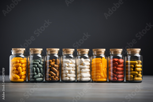 photograph of Jars with different pills on grey background.generative ai