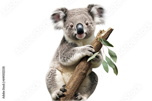 Koala perched on a eucalyptus tree branch transparent isolated on white background cutout. PNG file ,artwork graphic design ,Generative AI