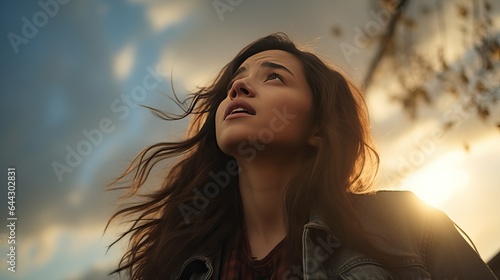 Portrait of a young woman looking up at golden hour