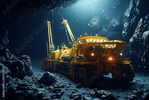 Extraction of minerals from seabed through deep sea mines using mining vehicles to collect nodules. 3D rendering. Generative AI