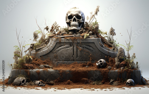 Tombstone with skull and dried grass on white background