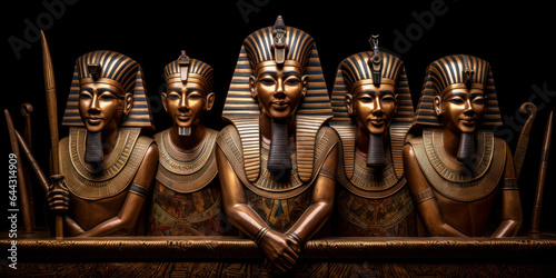 Golden statues of ancient Egyptian pharoahs.