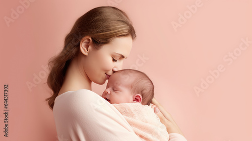 Portrait pretty woman holding a newborn baby , Loving mom carying of her newborn baby in her arms , Created with Generate Ai Technology