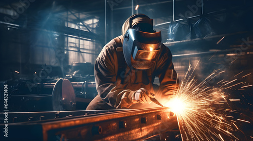 The welder is welding the various parts of the house construction in a factory.