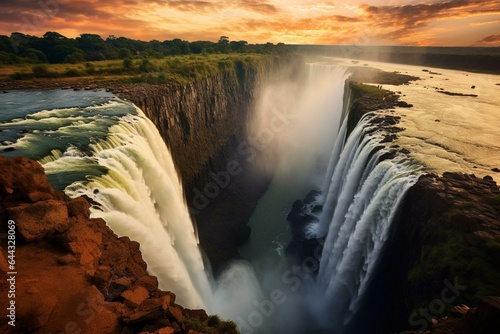 Breathtaking view of Victoria Falls spanning Zimbabwe and Zambia. Features lake, mountains, and waterfall. Generative AI