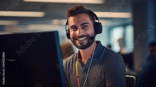 Portrait of a male IT support specialist at a helpdesk patiently guiding users through technology challenges