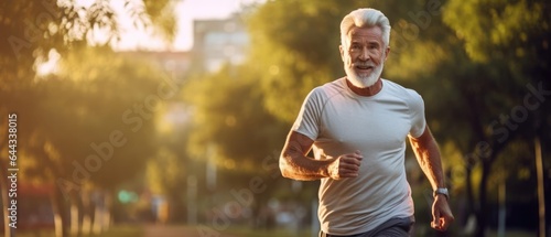 Senior man going for a run living a healthy lifestyle for longevity in park in morning