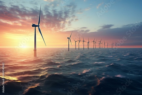 Dawn view of offshore wind farm with turbines harnessing wind energy for clean electricity. Generative AI