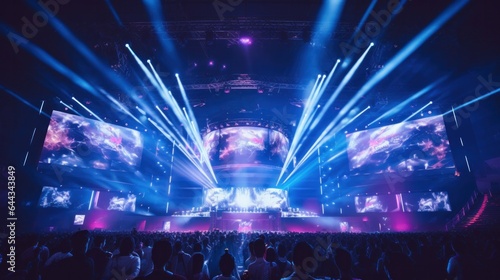 E-sports arena, filled with cheering fans and colorful LED lights. Players compete on a large stage in front of a massive screen. Big arena with many people, big stage, concert hall.