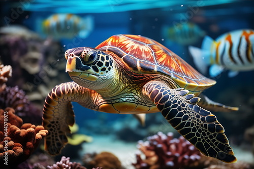 Beautiful turtle swimming among fishes in blue water of ocean. Beautiful nature underwater world concept. AI generated