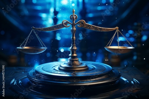 Justice themed image with a blue balance scale. Generative AI
