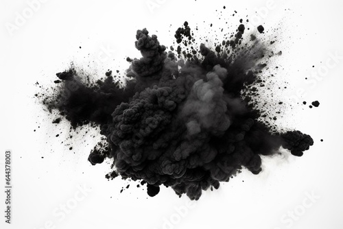 Black powder explosion on white background, particles resembling charcoal. Generative AI