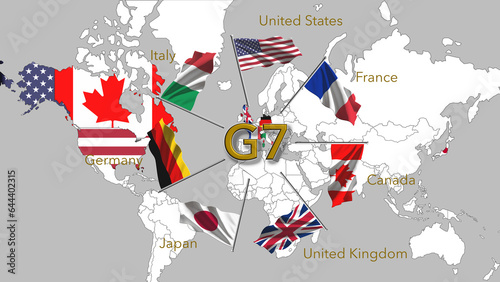 G7 Flags, the group of the seven major economically advanced states on a background of the map of the member states