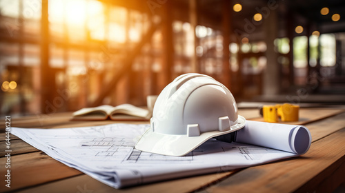 Construction house. Repair work. Blueprints for construction and a white helmet on the background of a construction site.