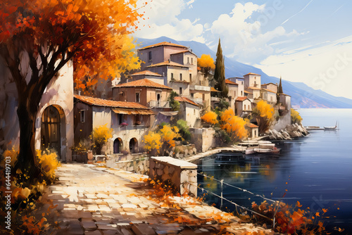 A picturesque Mediterranean village nestled among vibrant autumn foliage revealing a tranquil and enchanting watercolor painting come to life 