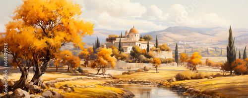 A vibrant watercolor painting of a charming Mediterranean village nestled among golden autumnal trees celebrating the bounties of the season 